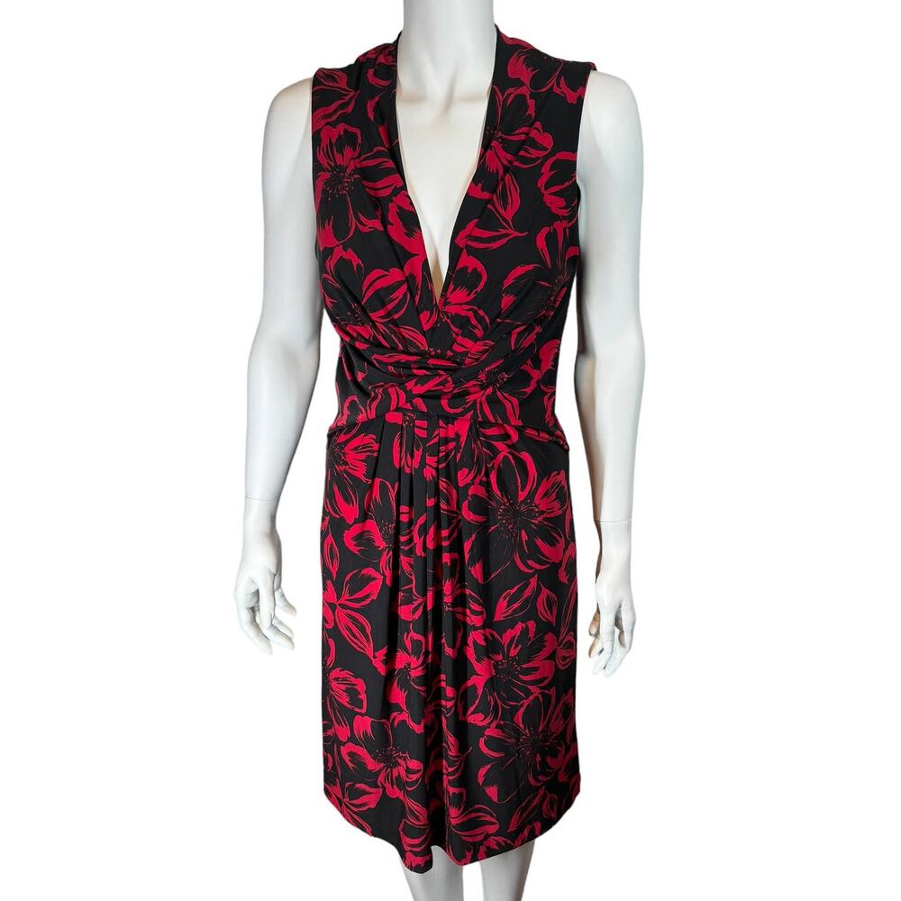 Norma Kamali Red Black Floral V Neck Twist Front Jersey Knit Dress Medium